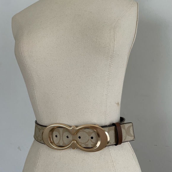 EUC COACH 38mm KISS C SIG PVC/Leather Womens Light Khaki/ Gold Belt Sz M main image 7